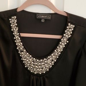 Pearl statement neck black flutter sleeve blouse